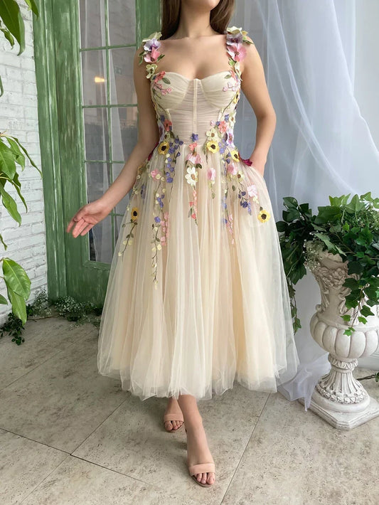 Dress Corset A-Line Champagne Backless Sleeveless Midi Homecoming Dress With 3D Flowers