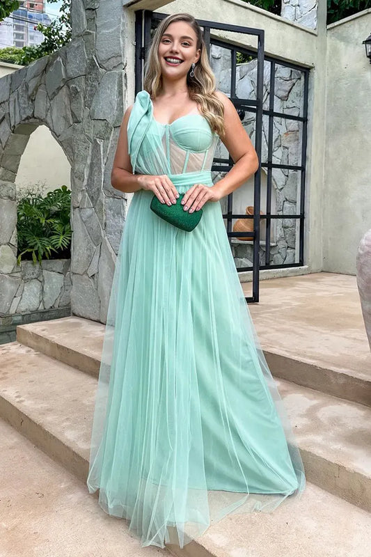 Dress Corset Design One Shoulder Tulle Gowns Maxi Dresses Green Prom Dress