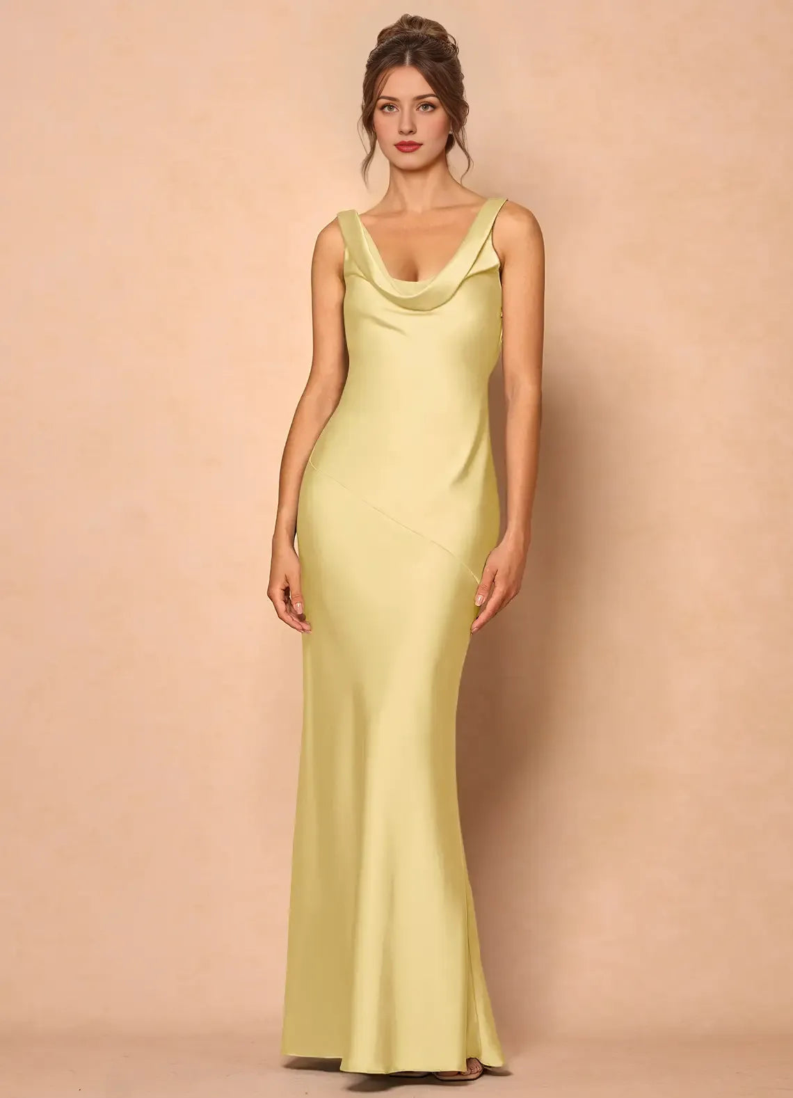 Dress Cowl Neck Elegant Sleeveless Mermaid Maxi Dress Prom Dress Simple Satin Backless Lemon Evening Dress