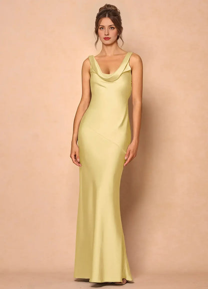Dress Cowl Neck Elegant Sleeveless Mermaid Maxi Dress Prom Dress Simple Satin Backless Lemon Evening Dress