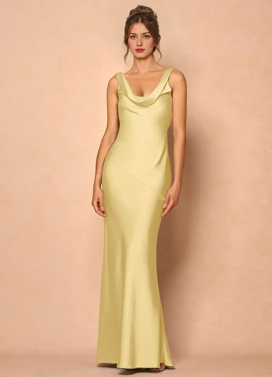 Dress Cowl Neck Elegant Sleeveless Mermaid Maxi Dress Prom Dress Simple Satin Backless Lemon Evening Dress