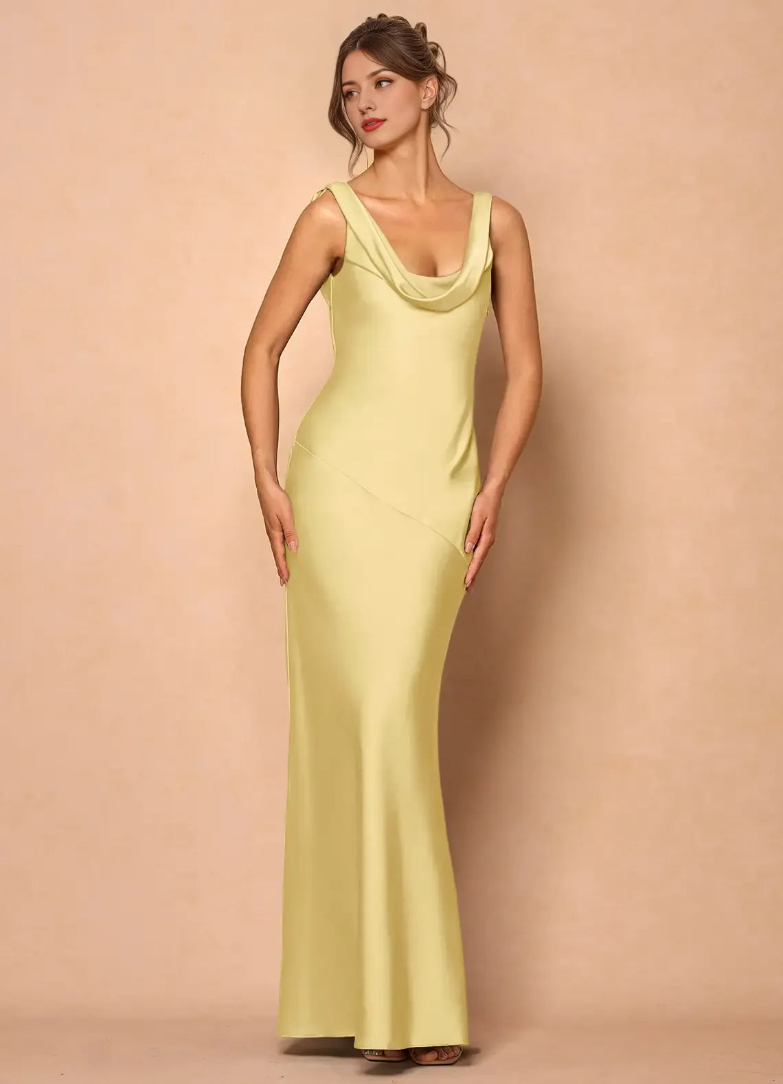 Dress Cowl Neck Elegant Sleeveless Mermaid Maxi Dress Prom Dress Simple Satin Backless Lemon Evening Dress