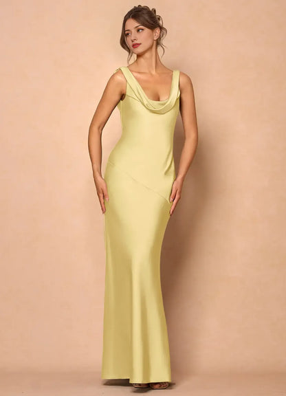 Dress Cowl Neck Elegant Sleeveless Mermaid Maxi Dress Prom Dress Simple Satin Backless Lemon Evening Dress