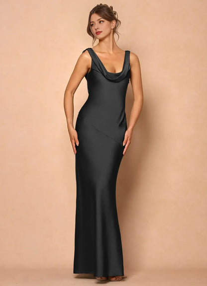 Dress Cowl Neck Elegant Sleeveless Mermaid Maxi Dress Prom Dress Simple Satin Backless Lemon Evening Dress