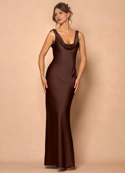 Dress Cowl Neck Elegant Sleeveless Mermaid Maxi Dress Prom Dress Simple Satin Backless Lemon Evening Dress