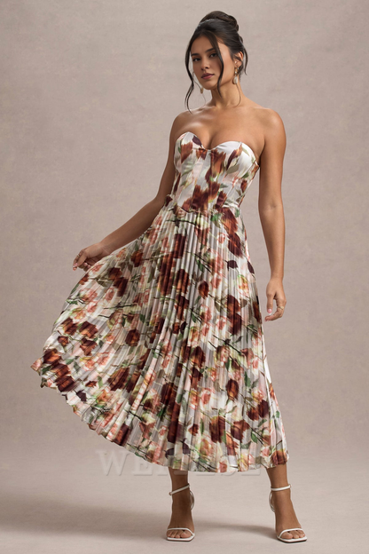 Dress Cream Floral Print Satin Corset Style Midi Dress Prom Dress Sweetheart A-line Fairy-Tale Lace Up Bridesmaid Dress