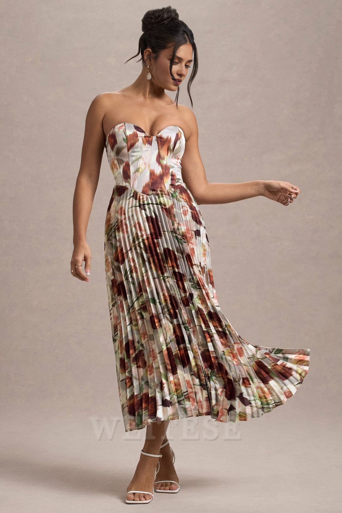 Dress Cream Floral Print Satin Corset Style Midi Dress Prom Dress Sweetheart A-line Fairy-Tale Lace Up Bridesmaid Dress