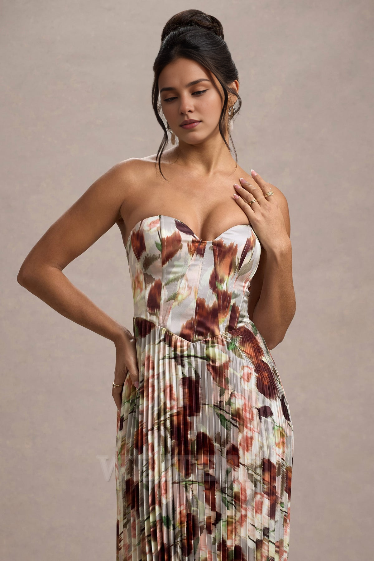 Dress Cream Floral Print Satin Corset Style Midi Dress Prom Dress Sweetheart A-line Fairy-Tale Lace Up Bridesmaid Dress