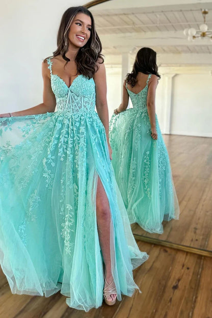 Dress Cute A-Line Spaghetti Straps Tulle Prom Dress With Appliques Split Front