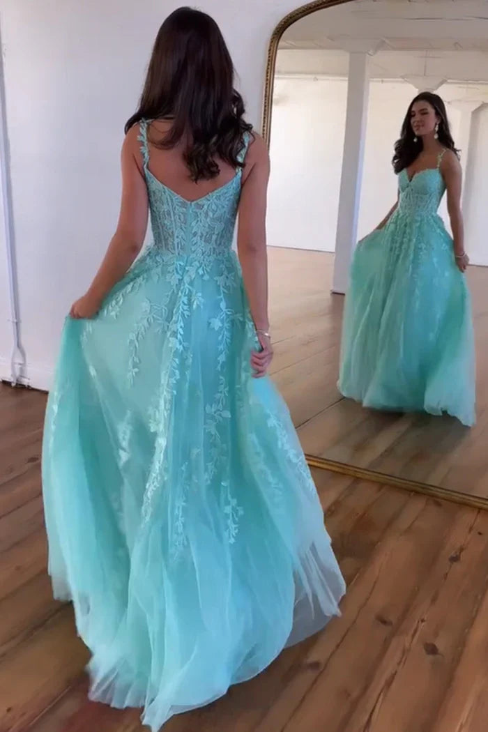 Dress Cute A-Line Spaghetti Straps Tulle Prom Dress With Appliques Split Front