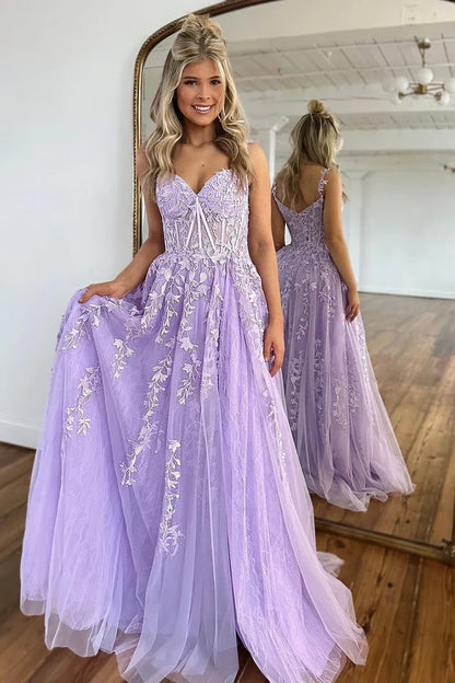 Dress Cute A-Line Spaghetti Straps Tulle Prom Dress With Appliques Split Front