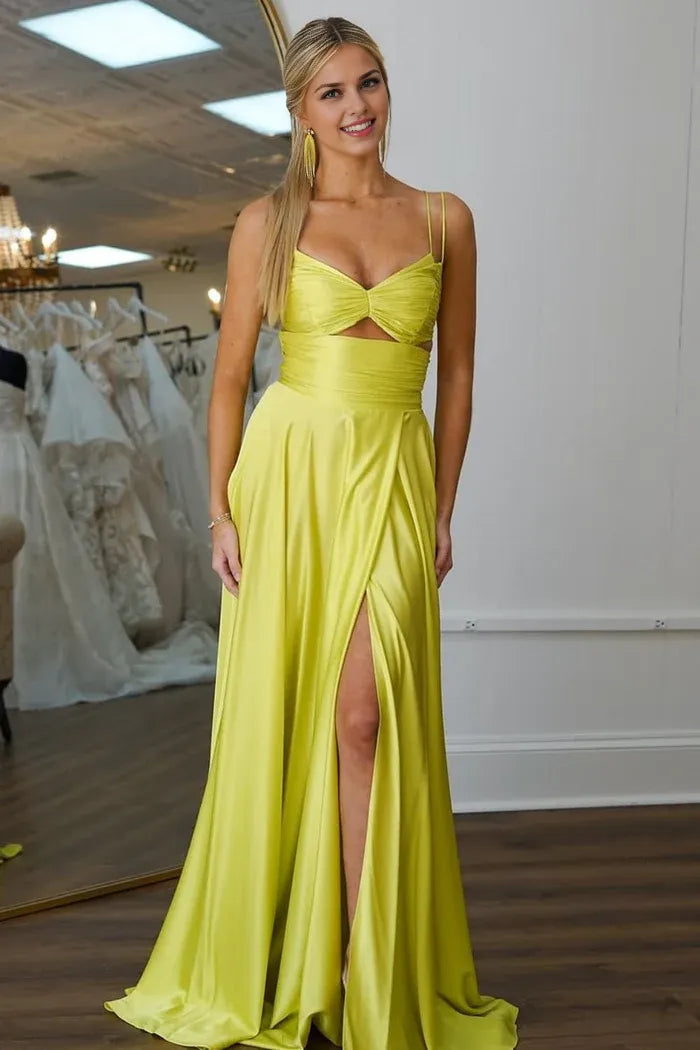 Dress Cute A-Line Yellow Spaghetti Straps Satin Maxi Dress Prom Dress With High Slit