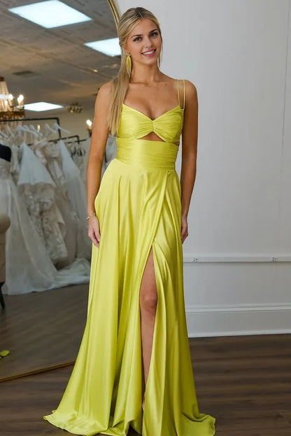 Dress Cute A-Line Yellow Spaghetti Straps Satin Maxi Dress Prom Dress With High Slit