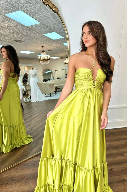 Dress Cute A Line Criss-cross Halter Ruffled Satin Sleeveless Long Floor Length Prom Dress
