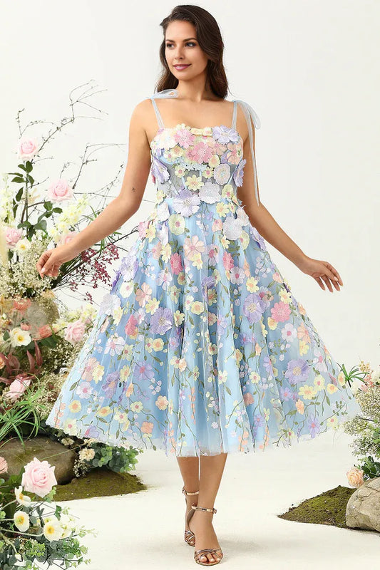 Dress Cute A Line Spaghetti Straps Blue Tea Length Party Dress With 3D Flowers Prom Dress