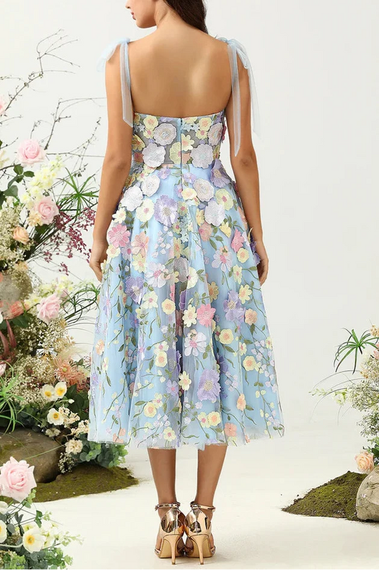 Dress Cute A Line Spaghetti Straps Blue Tea Length Party Dress With 3D Flowers Prom Dress