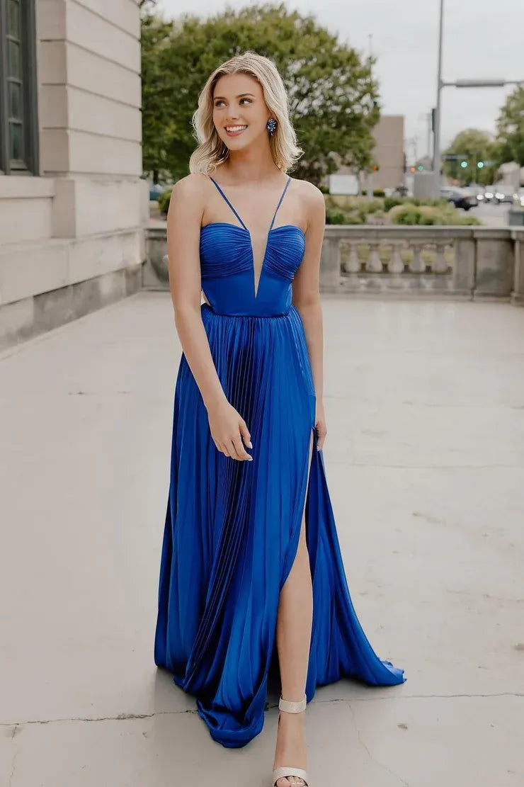Dress Cute A Line Spaghetti Straps Royal Blue Pleated Satin Long Prom Dress Formal Dress with Bow