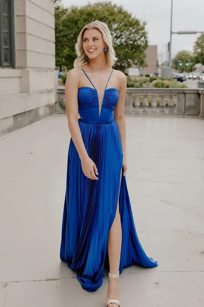Dress Cute A Line Spaghetti Straps Royal Blue Pleated Satin Long Prom Dress Formal Dress with Bow
