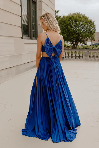 Dress Cute A Line Spaghetti Straps Royal Blue Pleated Satin Long Prom Dress Formal Dress with Bow