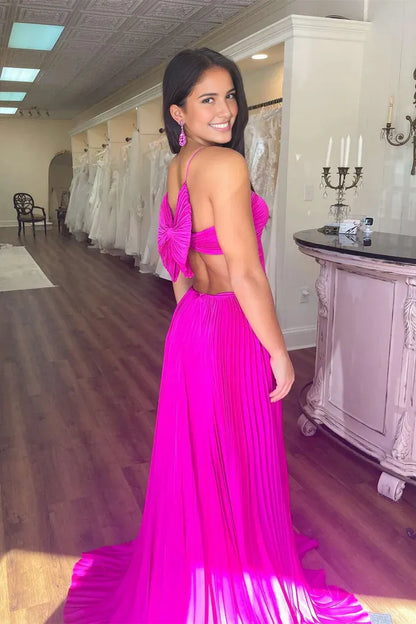 Dress Cute A Line Spaghetti Straps Royal Blue Pleated Satin Long Prom Dress Formal Dress with Bow
