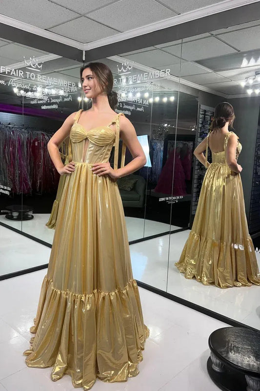 Dress Cute A Line Straps Gold Metallic Satin Long Floor Length Prom Dress