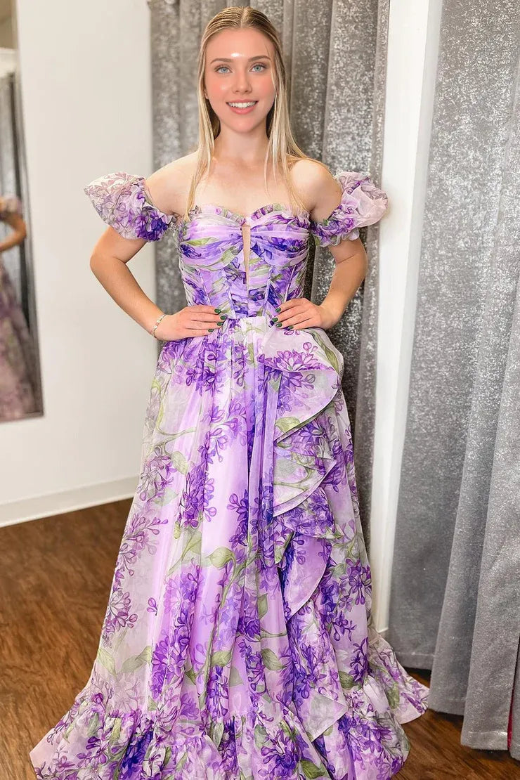 Dress Cute A Line Sweetheart Lavender Floral Prom Dresses With Detachable Sleeves