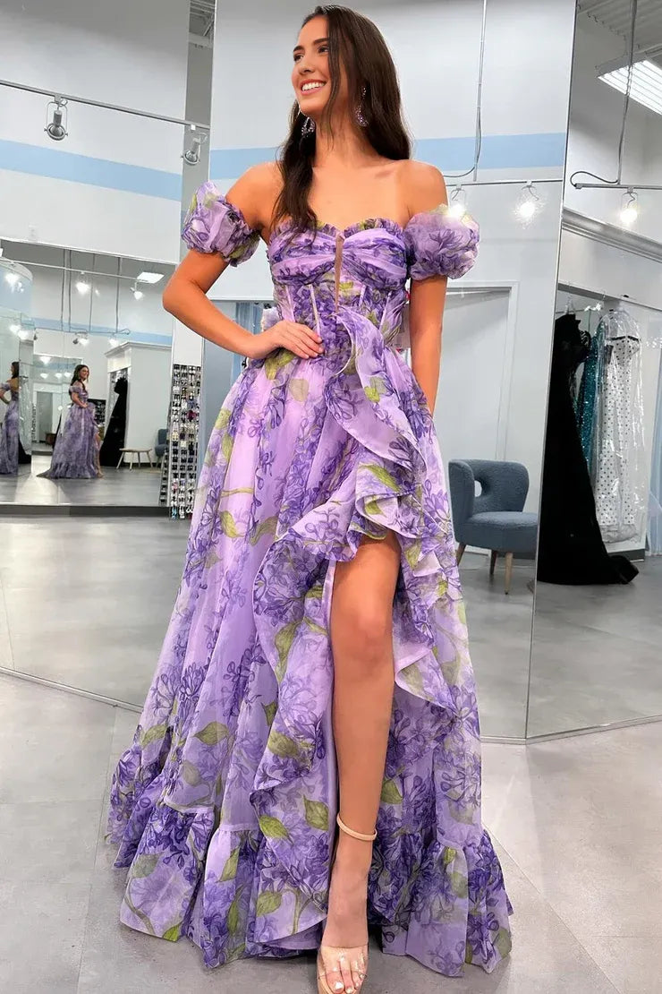 Dress Cute A Line Sweetheart Lavender Floral Prom Dresses With Detachable Sleeves