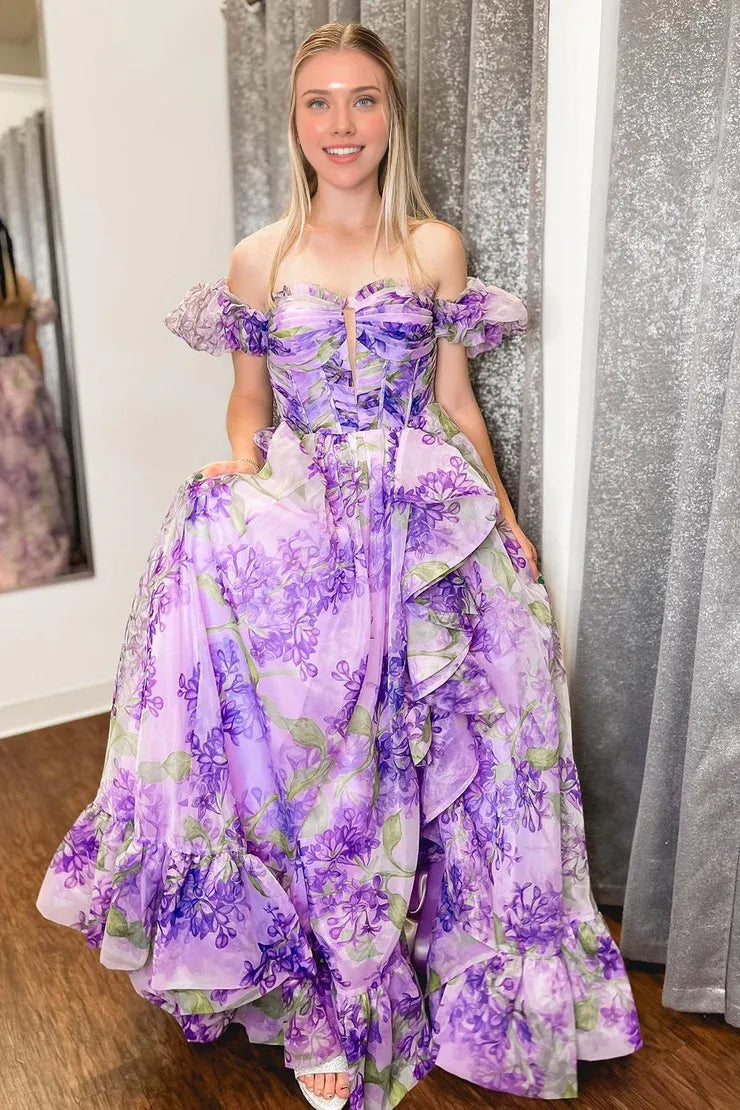 Dress Cute A Line Sweetheart Lavender Floral Prom Dresses With Detachable Sleeves