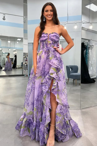 Dress Cute A Line Sweetheart Lavender Floral Prom Dresses With Detachable Sleeves