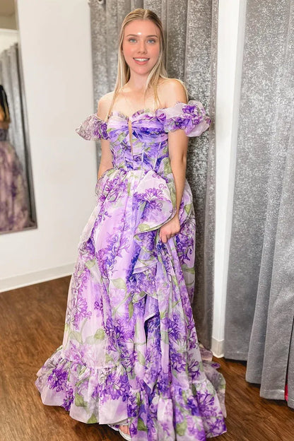 Dress Cute A Line Sweetheart Lavender Floral Prom Dresses With Detachable Sleeves