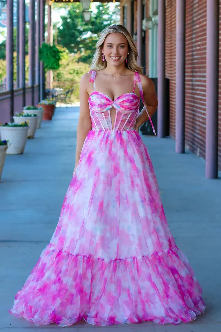 Dress Cute A Line Sweetheart Pink Printed Chiffon Long Prom Dresses