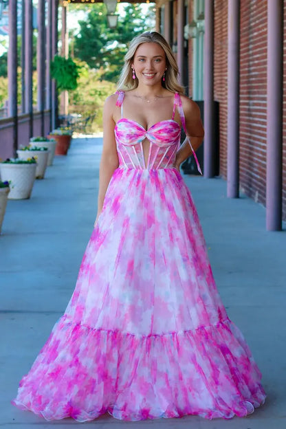 Dress Cute A Line Sweetheart Pink Printed Chiffon Long Prom Dresses