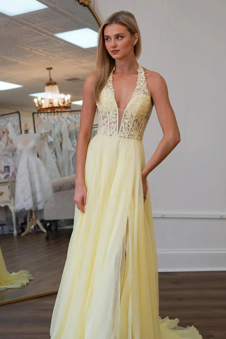 Dress Cute A Line V Neck Daffodial Chiffon Long Prom Dress with Appliques