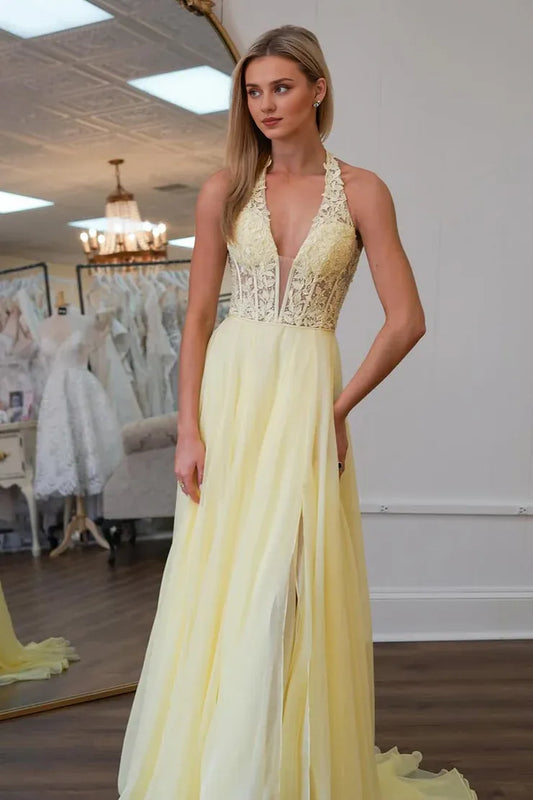Dress Cute A Line V Neck Daffodial Chiffon Long Prom Dress with Appliques