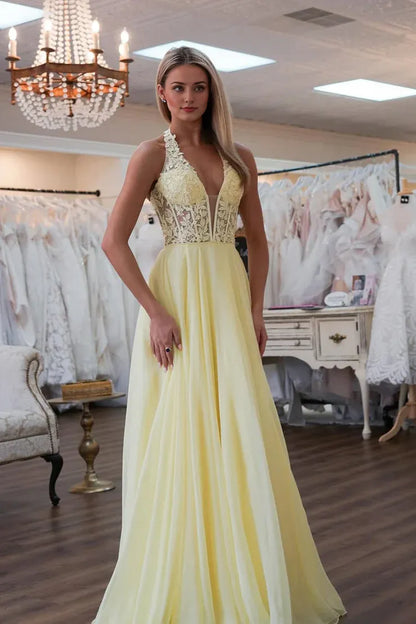 Dress Cute A Line V Neck Daffodial Chiffon Long Prom Dress with Appliques