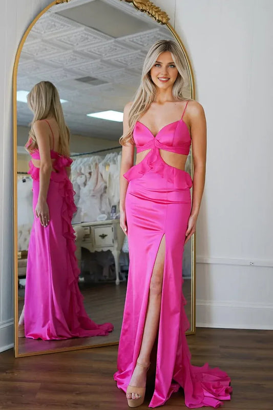 Dress Cute Charming Spaghetti Straps Mermaid Sweetheart Ruffle Fuchsia Satin Prom Dress with Slit