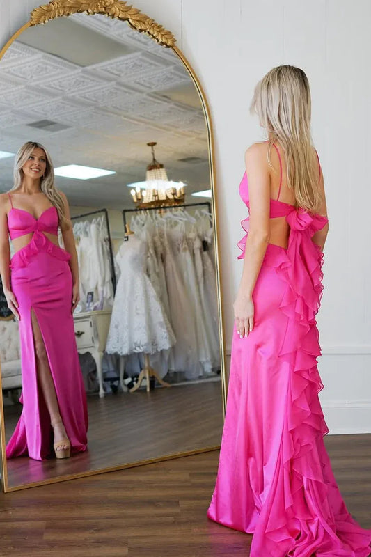 Dress Cute Charming Spaghetti Straps Mermaid Sweetheart Ruffle Fuchsia Satin Prom Dress with Slit