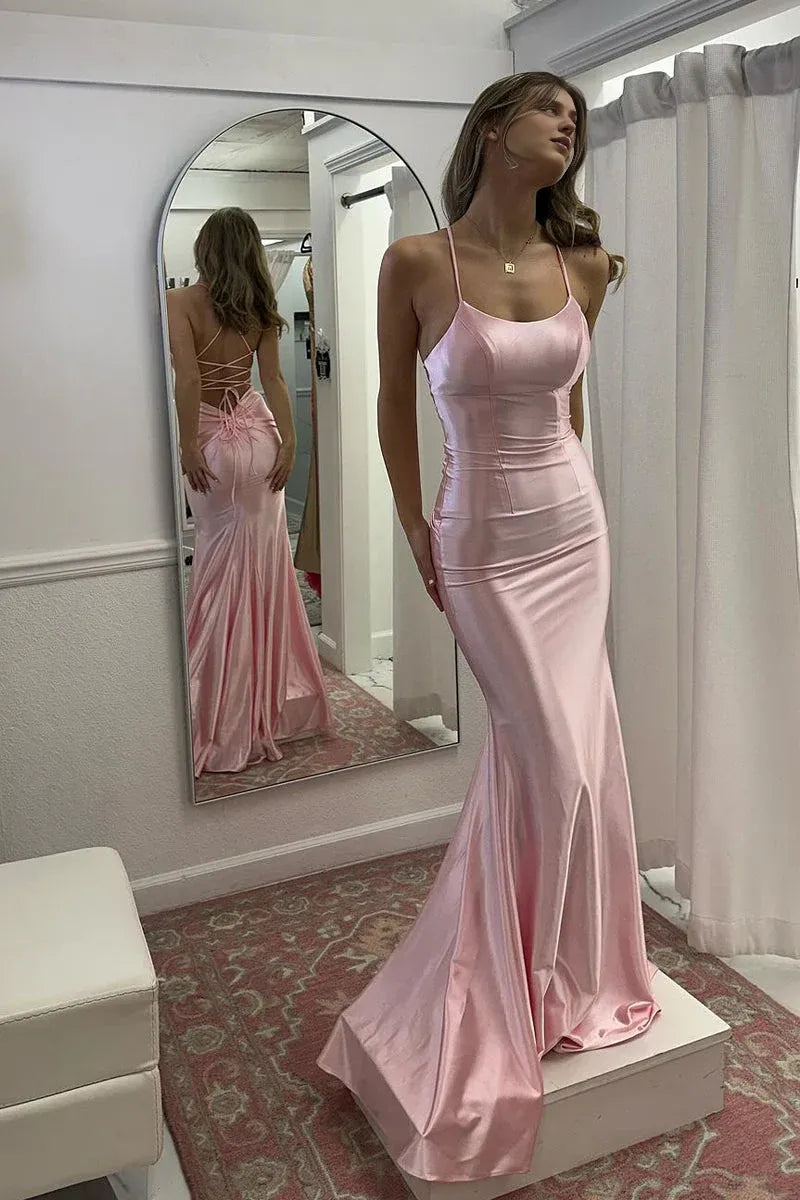 Dress Cute Mermaid Scoop Neck Pink Satin Long Prom Dress