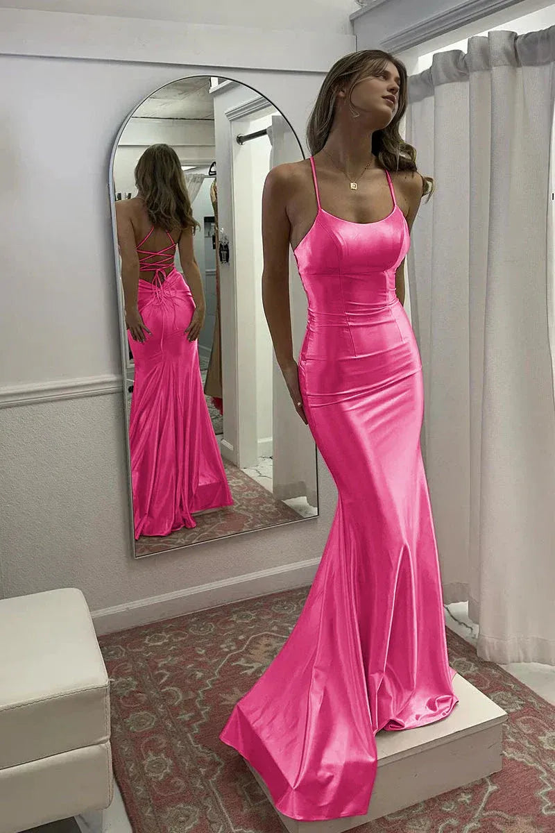 Dress Cute Mermaid Scoop Neck Pink Satin Long Prom Dress