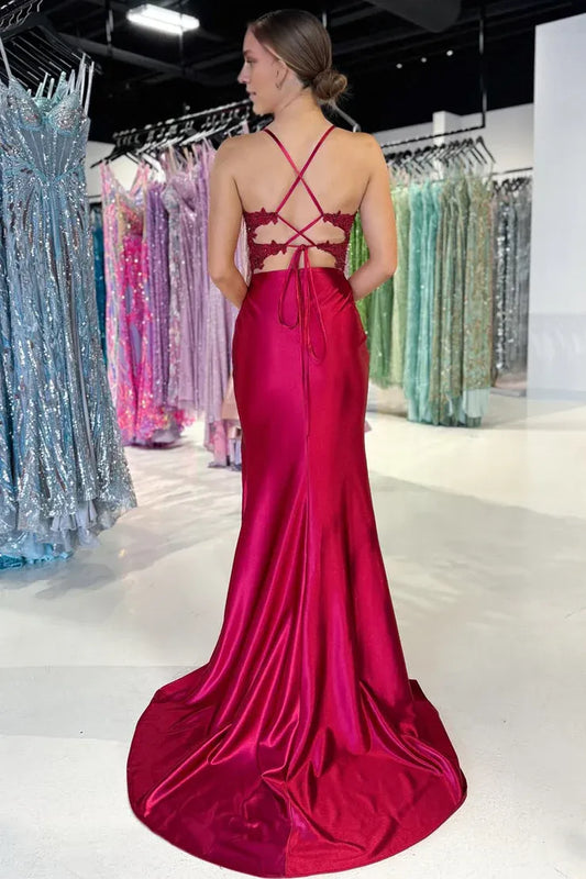 Dress Cute Mermaid V Neck Dark Red Satin Prom Dress with Appliques