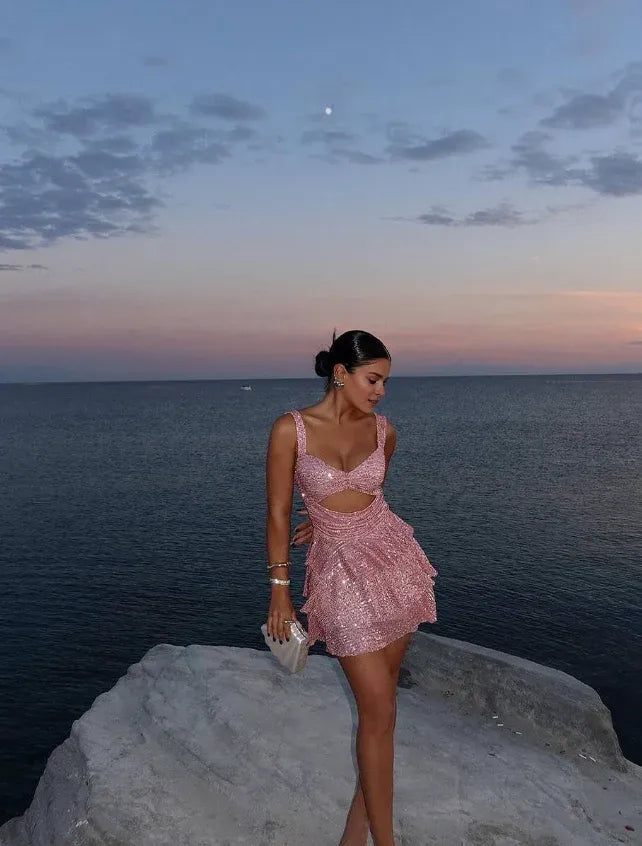 Dress Cute Pink A Line Straps Sequin Short Homecoming Dress Birthday Dress Party Dress