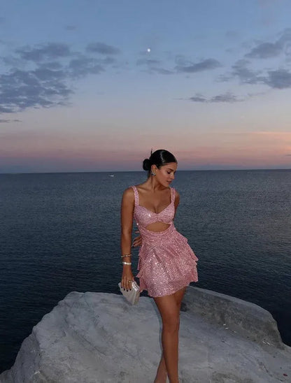 Dress Cute Pink A Line Straps Sequin Short Homecoming Dress Birthday Dress Party Dress