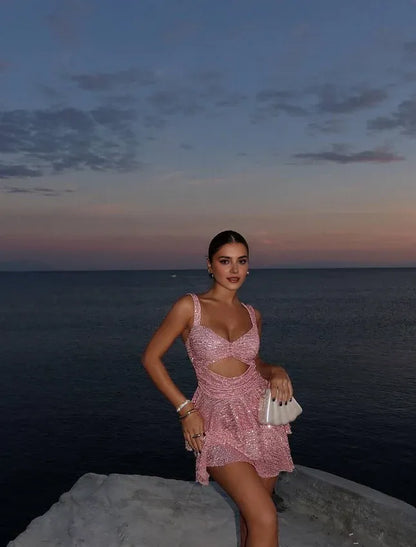 Dress Cute Pink A Line Straps Sequin Short Homecoming Dress Birthday Dress Party Dress