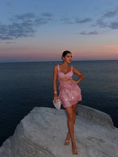 Dress Cute Pink A Line Straps Sequin Short Homecoming Dress Birthday Dress Party Dress