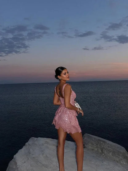 Dress Cute Pink A Line Straps Sequin Short Homecoming Dress Birthday Dress Party Dress