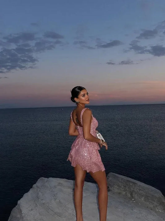 Dress Cute Pink A Line Straps Sequin Short Homecoming Dress Birthday Dress Party Dress