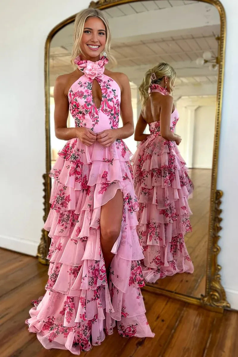Dress Cute Sheath Halter Floral Printed Chiffon Tiered Prom Dress with Slit