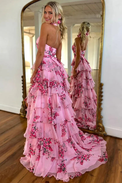 Dress Cute Sheath Halter Floral Printed Chiffon Tiered Prom Dress with Slit