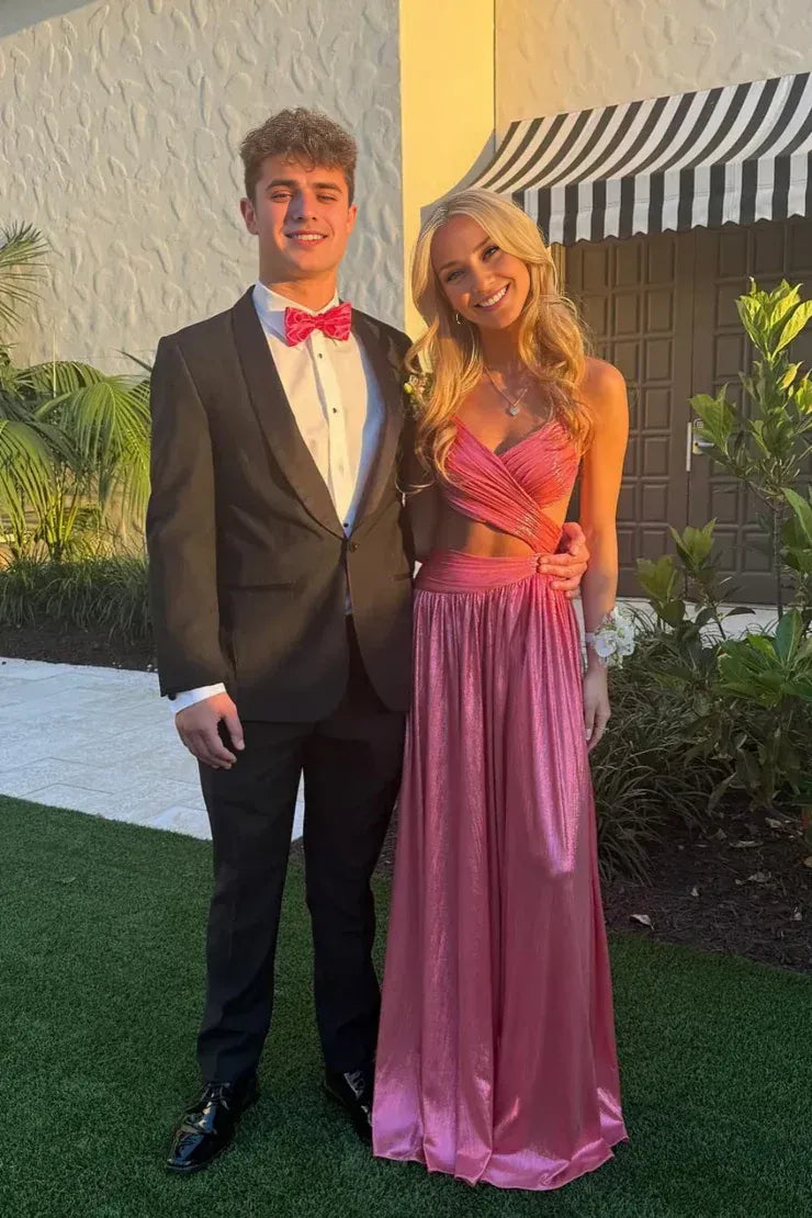 Dress Cute Spaghetti Straps Open Back A Line V Neck Pink Long Prom Dress