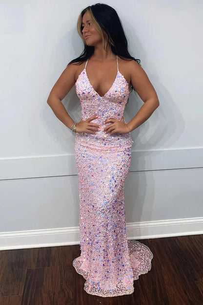 Dress Cute Sparkly Mermaid V Neck Pink Sequins Prom Dresses